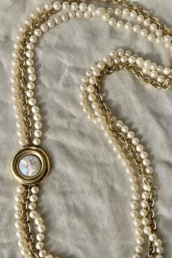 Vintage Faux Pearls and Gold Chain Triple Strand Necklace