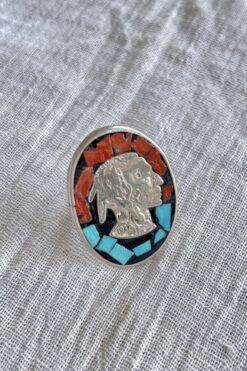 Vintage Indian Head Ring - Turquoise Coral & Mexican Silver - 7