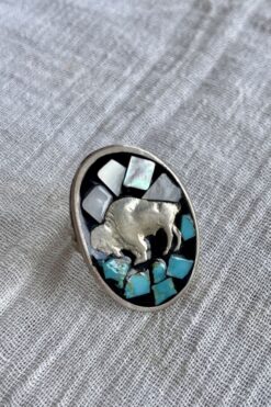 Vintage Buffalo Ring - Turquoise Mother of Pearl & Mexican Silver - 8 1/2