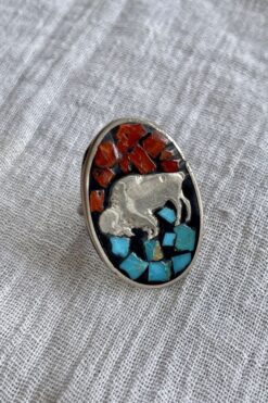 Vintage Buffalo Ring - Turquoise Coral & Mexican Silver - 7