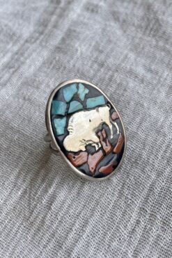 VINTAGE BUFFALO RING WITH TURQUOISE AND CORAL AND MEXICAN SILVER – 7