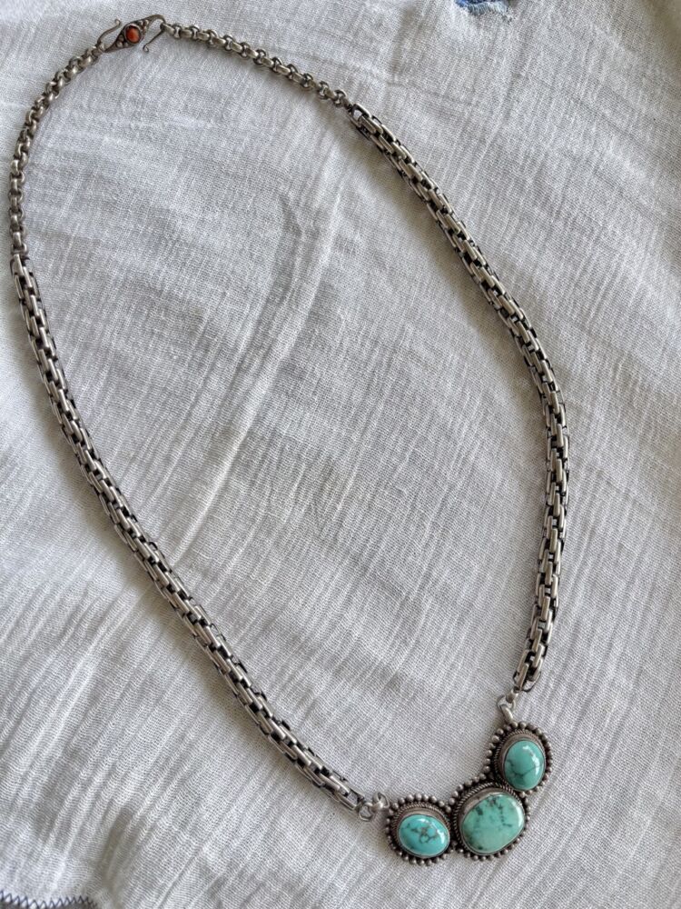 Vintage Mexican Silver Necklace and Turquoise Chain Necklace
