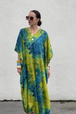 Vintage Chartreuse and Aqua Caftan - One Size