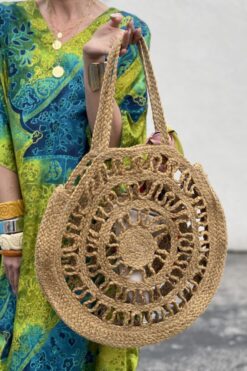 Vintage Round Woven Raffia Tote Bag