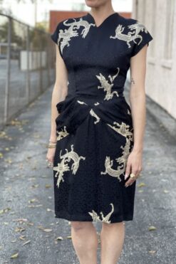 Vintage 80s Nicole Miller Black Silk Crocodile Print Dress - S/M