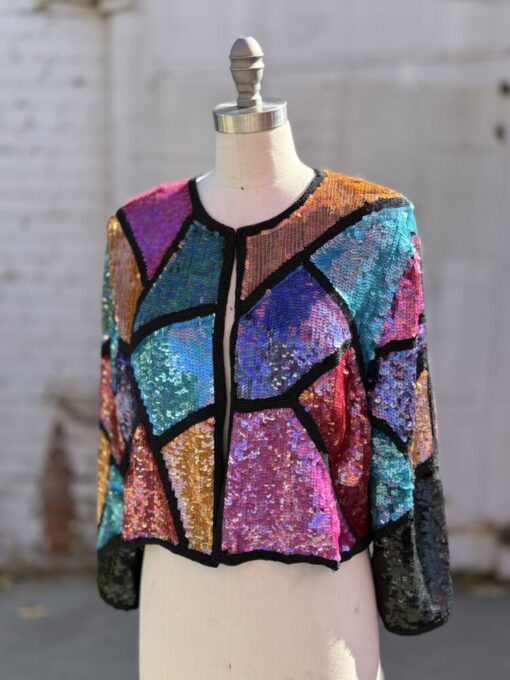 80s Scarlet Rage Silk Sequin Jacket XL - Image 5