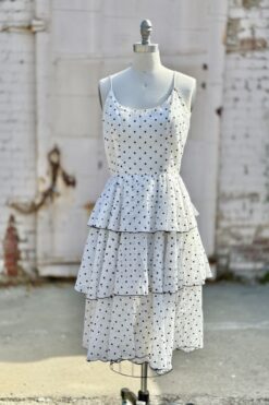 50s Tiered White Polka Dot Dress - M