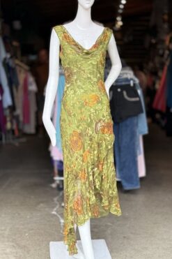 90s Sue Wong Silk Chiffon Bias Cut Beaded Cowl Dress