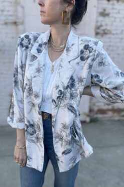 80s Blue and Gray Floral Blazer - M/L