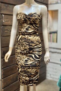 90s Leopard Print Ruched Strapless Dress