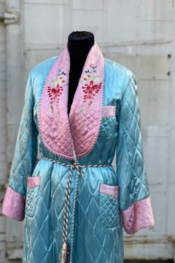 Vintage Pink and Blue Quilted Satin Robe - Medium