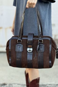 Suede and Patent Leather Boston Bag