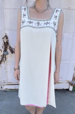 Vintage 60s Cream & Pink Cocktail Dress - Large