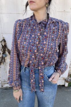 Floral Stripe Pussy Bow Blouse - M/L