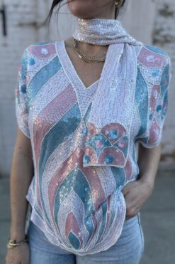 Vintage Iridescent Pastels Sequin Top with Scarf - S/M