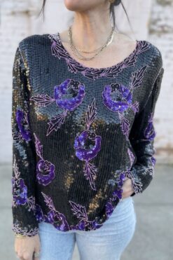 Vintage Black and Purple Sequin Top - M/L