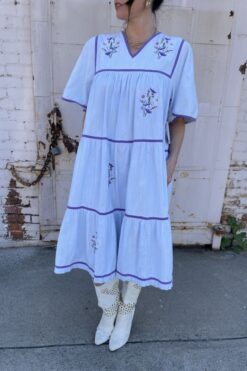 Vintage Light Denim Embroidered Patio Dress - Medium