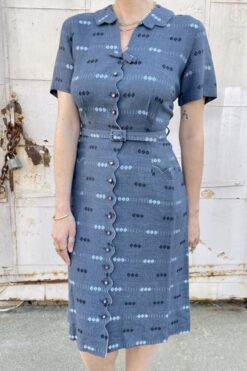 Vintage 1950s Geometric Print Grey Dress - Large