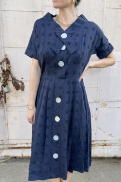 Vintage 1950s Navy Pleated Dress - 8