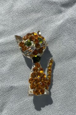 Vintage Apricot Rhinestone Kitty Cat Brooch