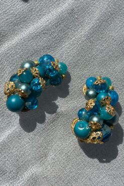 Vintage Blue Cluster Climber Earrings - Clip On