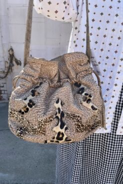 Vintage 80s Animal Print Patchwork Drawstring Handbag