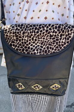 Vintage Marlene Gaines Animal Print Black Leather Handbag