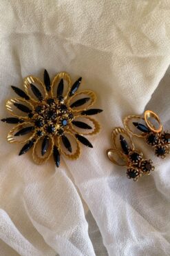 Vintage Black Glass Rhinestone Flower Brooch and Earring Set