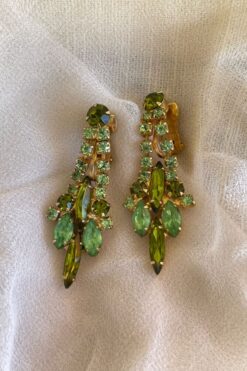 Mid Century Green Rhinestones Gold Tone Earrings - Clip On
