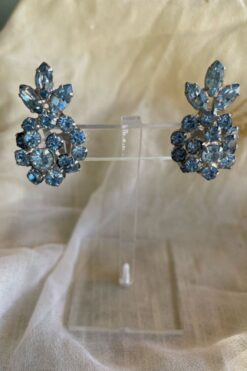 Vintage Blue Rhinestone Pineapple Earrings - Clip On