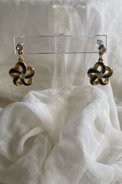 Vintage Trifari Black Enamel on Gold With Rhinestones Earrings