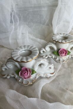 Vintage Dresden Porcelain Pink Rose Candle holders -  Set of 2