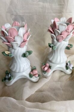 Vintage Sculpted Flower Porcelain Candlesticks - Set of 2