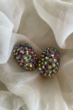 Vintage Fire Opal Iridescent Rhinestone Earrings - Clip On