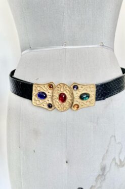 Vintage Bejeweled Gold Buckle Faux Leather Belt