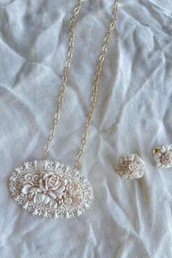 Carved Necklace/Pendant and Clip On Earrings Set