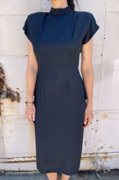 Vintage 80s Michael Blair Navy Keyhole Peplum Dress - Medium