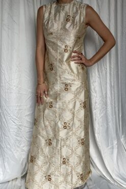 Vintage Embroidered Champagne Maxi Dress - Medium