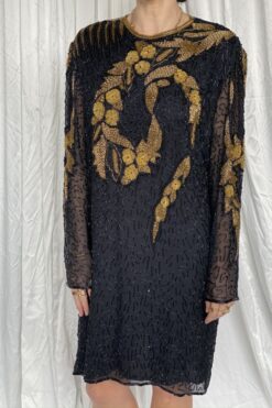 Vintage Beaded Black and Gold Sequin Dress - LG