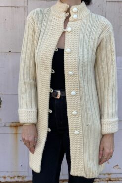 70s Cream Mock Neck Wool Cardigan Coat  - S/M