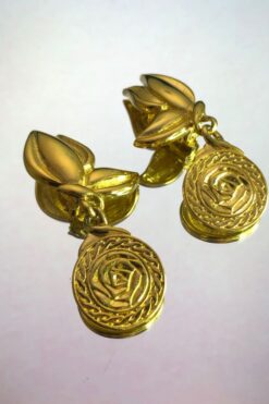 Vintage Liz Claiborne Gold Tone Rosette Drop Earrings - Clip On