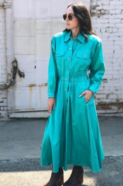 SOLD - 80s Electric Teal Elastic Waist Shirtwaist Dress - Medium