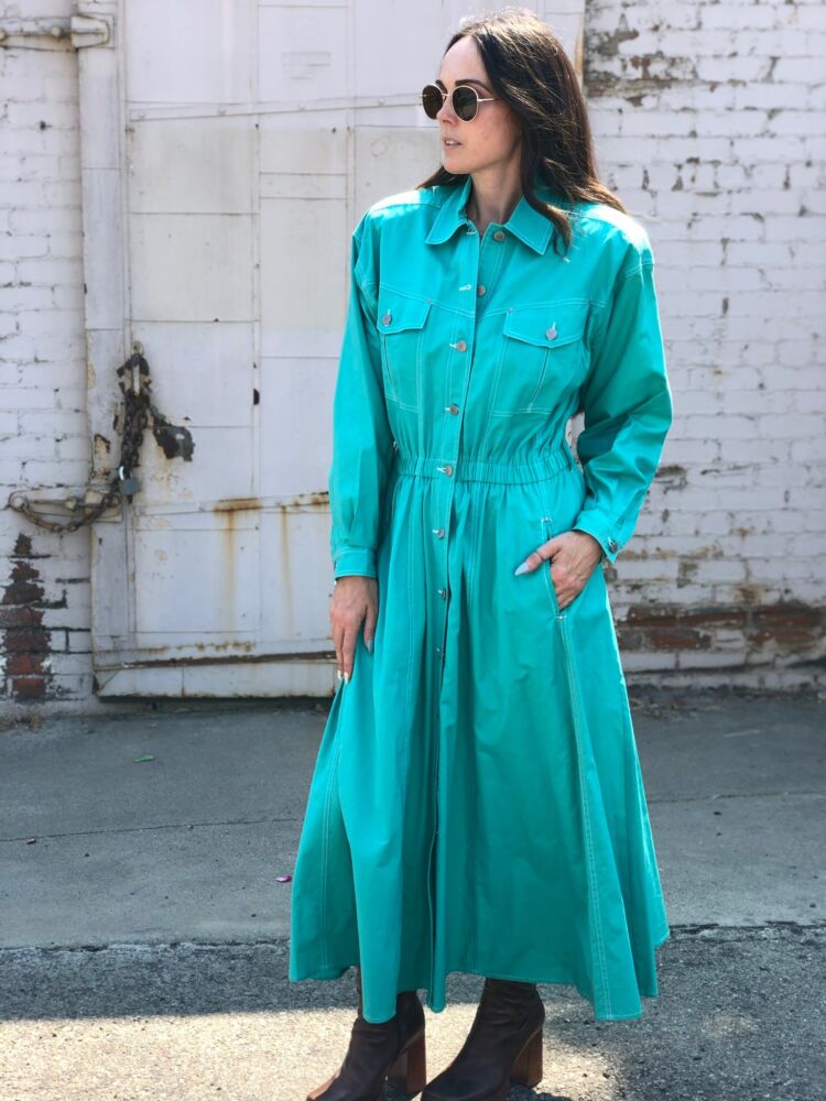 80/'s sz S Teal Ideas Button Down Collared Fit and Flare Elastic Waist Midi Shirtdress 1980/'s Vintage Mod Workwear Streetwear Small