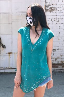 80s Turquoise Leather Top with Silver Eyelets - Medium