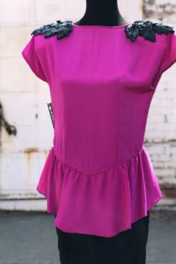 80s Pink and Black Peplum Dress - Medium