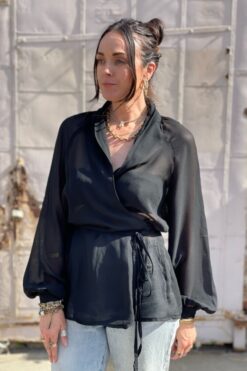 SOLD 70s Sheer Black Wrap Top - M/L