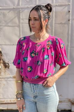 Vintage Rib Knit Floral Print Silk Top - S/M