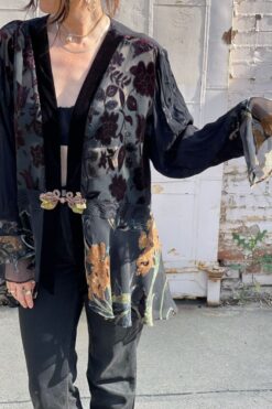 90s Mixed Print Burnout Velvet Kimono Jacket