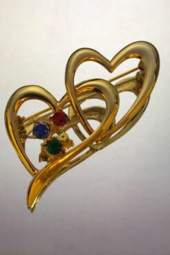 Vintage Double Heart Rhinestone Brooch