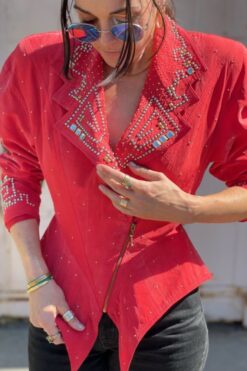 Vintage Caché Cropped Studded Red Statement Jacket - Medium